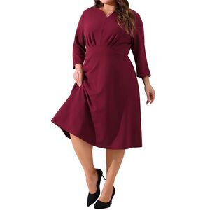 Plus Size Casual Work Midi Notched V Neck 3/4 Sleeve A-Line Dress Burgundy